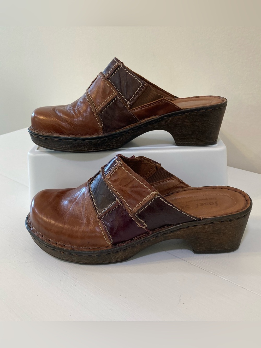 Josef Seibel Rebecca 33 Brown Patch Leather Mule Clogs Womens Sz 36 US 6 Shoes